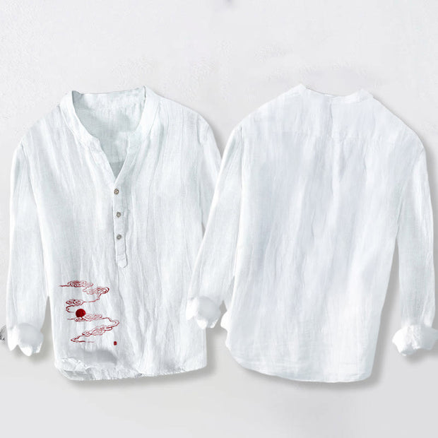 Buddha Stones Auspicious Clouds Red Sun Pattern Half Buttons Men's Cotton Linen Long Sleeve Shirt - image 5