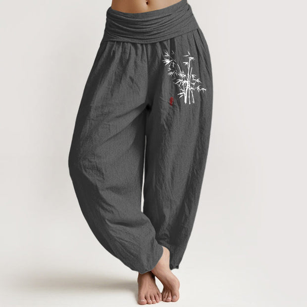 Buddha Stones Casual Bamboo Leaves Pattern Women's Elastic Waist Harem Cotton Pants - DimGray - US16，UK/AU20，EU48 (3XL) - image 8
