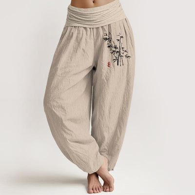 Buddha Stones Casual Bamboo Leaves Pattern Women's Elastic Waist Harem Cotton Pants - Tan - US16，UK/AU20，EU48 (3XL) - image 0
