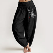 Buddha Stones Casual Bamboo Leaves Pattern Women's Elastic Waist Harem Cotton Pants - Black - US16，UK/AU20，EU48 (3XL) - image 5