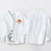 Buddha Stones Sun Crane Bamboo Leaves Pattern Half Buttons Men's Cotton Linen Long Sleeve Shirt - image 8