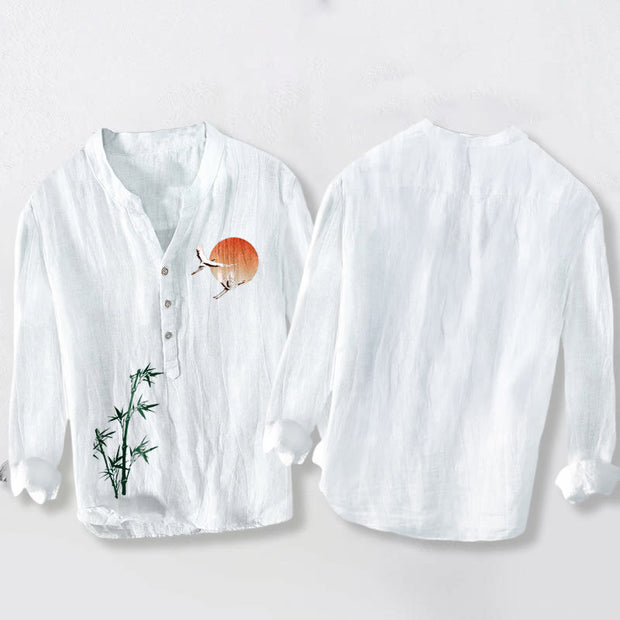 Buddha Stones Sun Crane Bamboo Leaves Pattern Half Buttons Men's Cotton Linen Long Sleeve Shirt - image 8