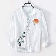 Buddha Stones Sun Crane Bamboo Leaves Pattern Half Buttons Men's Cotton Linen Long Sleeve Shirt - White - US/UK/AU50，EU60 (5XL) - image 6
