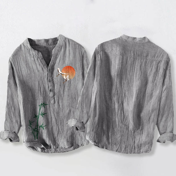 Buddha Stones Sun Crane Bamboo Leaves Pattern Half Buttons Men's Cotton Linen Long Sleeve Shirt - image 5