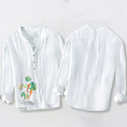 Buddha Stones Koi Fish Lotus Leaves Pattern Half Buttons Men's Cotton Linen Long Sleeve Shirt - image 2