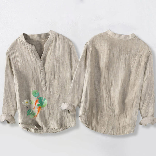 Buddha Stones Koi Fish Lotus Leaves Pattern Half Buttons Men's Cotton Linen Long Sleeve Shirt - image 5