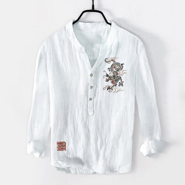 Buddha Stones Dragon Chinese Seal Pattern Half Buttons Men's Cotton Linen Long Sleeve Shirt - White - US/UK/AU50，EU60 (5XL) - image 6