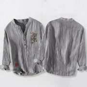 Buddha Stones Dragon Chinese Seal Pattern Half Buttons Men's Cotton Linen Long Sleeve Shirt - image 5