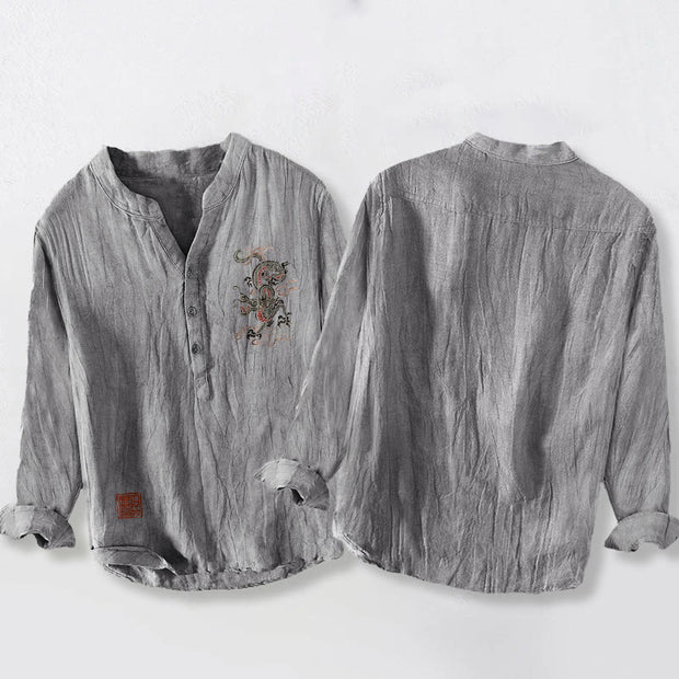 Buddha Stones Dragon Chinese Seal Pattern Half Buttons Men's Cotton Linen Long Sleeve Shirt - image 5