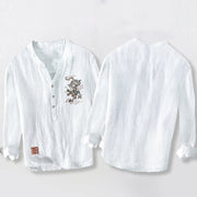 Buddha Stones Dragon Chinese Seal Pattern Half Buttons Men's Cotton Linen Long Sleeve Shirt - image 8