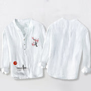 Buddha Stones Plum Blossom Sun Fisherman Pattern Half Buttons Men's Cotton Linen Long Sleeve Shirt - image 8