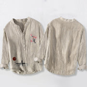 Buddha Stones Plum Blossom Sun Fisherman Pattern Half Buttons Men's Cotton Linen Long Sleeve Shirt - image 2