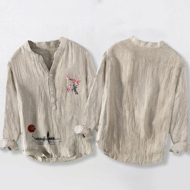 Buddha Stones Plum Blossom Sun Fisherman Pattern Half Buttons Men's Cotton Linen Long Sleeve Shirt - image 2