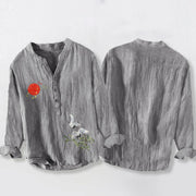 Buddha Stones Sun Crane Pine Tree Branch Pattern Half Buttons Men's Cotton Linen Long Sleeve Shirt - image 2