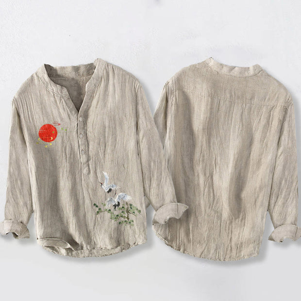 Buddha Stones Sun Crane Pine Tree Branch Pattern Half Buttons Men's Cotton Linen Long Sleeve Shirt - image 8