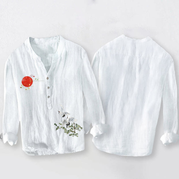 Buddha Stones Sun Crane Pine Tree Branch Pattern Half Buttons Men's Cotton Linen Long Sleeve Shirt - image 5