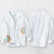 Buddha Stones Colorful Mandala Pattern Half Buttons Men's Cotton Linen Long Sleeve Shirt - image 2