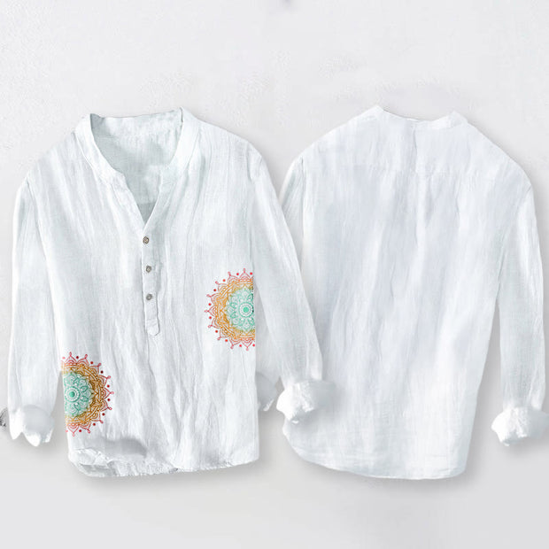 Buddha Stones Colorful Mandala Pattern Half Buttons Men's Cotton Linen Long Sleeve Shirt - image 2