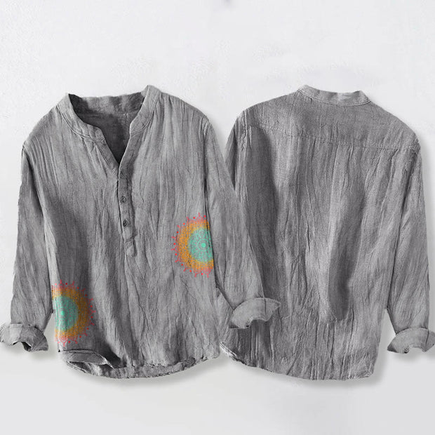 Buddha Stones Colorful Mandala Pattern Half Buttons Men's Cotton Linen Long Sleeve Shirt - image 8