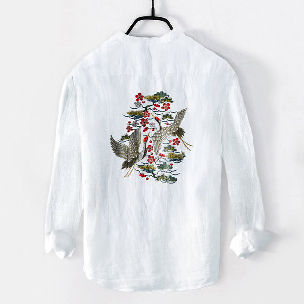 Buddha Stones Crane Pine Tree Flowers Pattern Half Buttons Men's Cotton Linen Long Sleeve Shirt - image 2