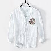 Buddha Stones Crane Pine Tree Flowers Pattern Half Buttons Men's Cotton Linen Long Sleeve Shirt - image 1