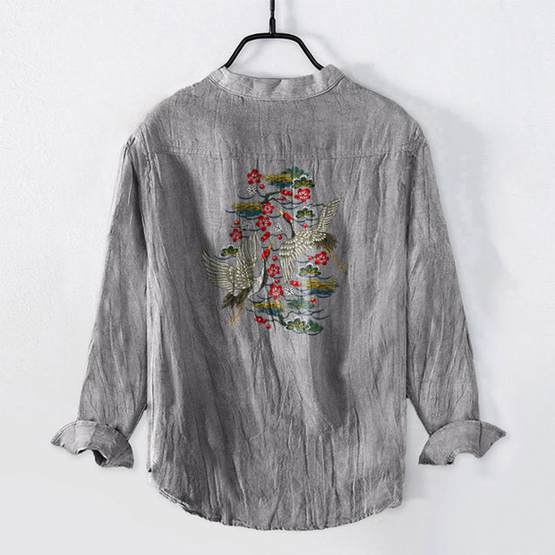 Buddha Stones Crane Pine Tree Flowers Pattern Half Buttons Men's Cotton Linen Long Sleeve Shirt - image 8