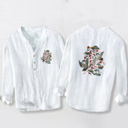 Buddha Stones Crane Pine Tree Flowers Pattern Half Buttons Men's Cotton Linen Long Sleeve Shirt - White - US/UK/AU50，EU60 (5XL) - image 0