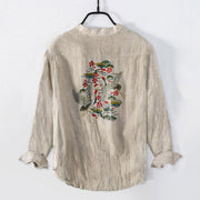 Buddha Stones Crane Pine Tree Flowers Pattern Half Buttons Men's Cotton Linen Long Sleeve Shirt - image 5