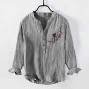Buddha Stones Red Peach Blossoms Zen Pattern Half Buttons Men's Cotton Linen Long Sleeve Shirt - Gray - US/UK/AU50，EU60 (5XL) - image 3