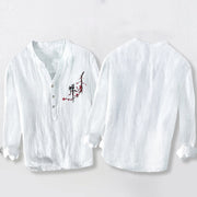 Buddha Stones Red Peach Blossoms Zen Pattern Half Buttons Men's Cotton Linen Long Sleeve Shirt - image 8