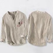 Buddha Stones Red Peach Blossoms Zen Pattern Half Buttons Men's Cotton Linen Long Sleeve Shirt - image 2