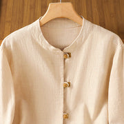 Buddha Stones Color Contrast Design Chinese Frog-Button Long Sleeve Women's Linen Shirt - image 9