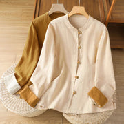 Buddha Stones Color Contrast Design Chinese Frog-Button Long Sleeve Women's Linen Shirt - image 19