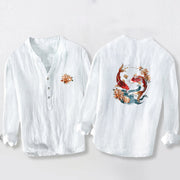 Buddha Stones Koi Fish Lotus Waves Pattern Half Buttons Men's Cotton Linen Long Sleeve Shirt - White - US/UK/AU50，EU60 (5XL) - image 0