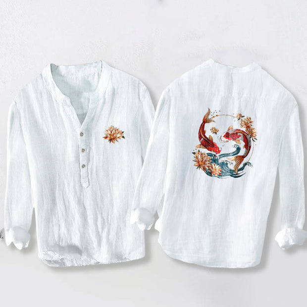 Buddha Stones Koi Fish Lotus Waves Pattern Half Buttons Men's Cotton Linen Long Sleeve Shirt - White - US/UK/AU50，EU60 (5XL) - image 0