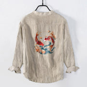 Buddha Stones Koi Fish Lotus Waves Pattern Half Buttons Men's Cotton Linen Long Sleeve Shirt - image 5