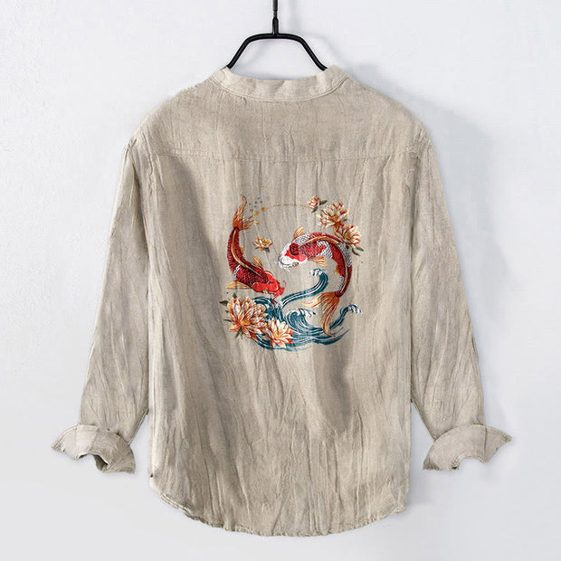 Buddha Stones Koi Fish Lotus Waves Pattern Half Buttons Men's Cotton Linen Long Sleeve Shirt - image 5