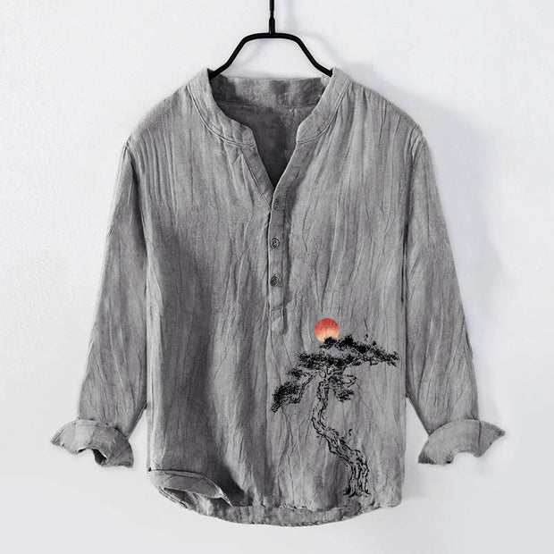 Buddha Stones Pine Tree Red Sun Pattern Half Buttons Men's Cotton Linen Long Sleeve Shirt - Gray - US/UK/AU50，EU60 (5XL) - image 3