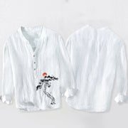 Buddha Stones Pine Tree Red Sun Pattern Half Buttons Men's Cotton Linen Long Sleeve Shirt - image 8