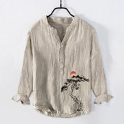 Buddha Stones Pine Tree Red Sun Pattern Half Buttons Men's Cotton Linen Long Sleeve Shirt - Linen - US/UK/AU50，EU60 (5XL) - image 0