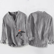 Buddha Stones Pine Tree Red Sun Pattern Half Buttons Men's Cotton Linen Long Sleeve Shirt - image 5