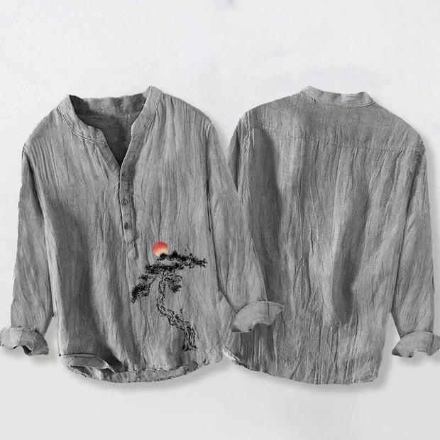 Buddha Stones Pine Tree Red Sun Pattern Half Buttons Men's Cotton Linen Long Sleeve Shirt - image 5