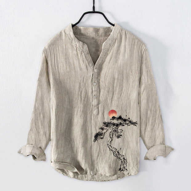 Buddha Stones Pine Tree Red Sun Pattern Half Buttons Men's Cotton Linen Long Sleeve Shirt - Linen - US/UK/AU50，EU60 (5XL) - image 0