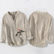 Buddha Stones Pine Tree Red Sun Pattern Half Buttons Men's Cotton Linen Long Sleeve Shirt - image 2