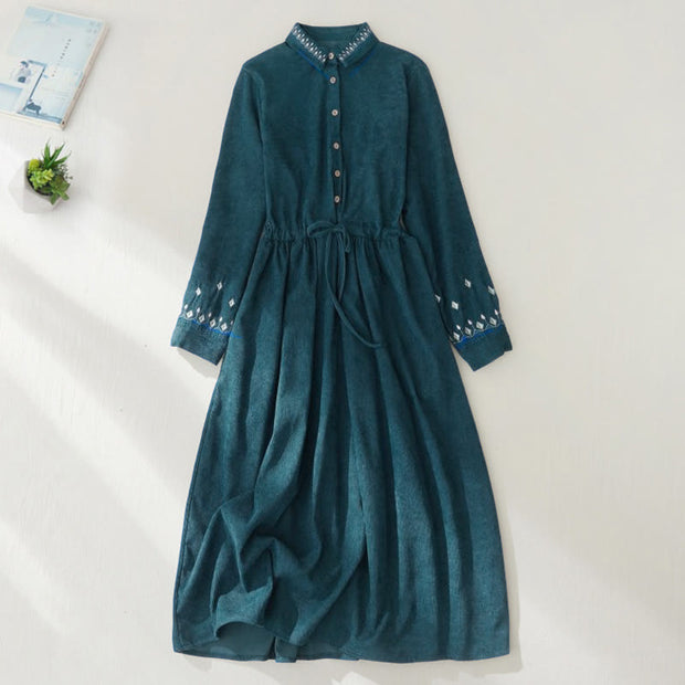 Buddha Stones Embroiderd Floral Pattern Lace -up Design Long Sleeve Midi Dress With Pockets - image 18