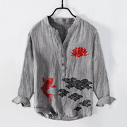 Buddha Stones Koi Fish Lotus Auspicious Clouds Half Buttons Men's Cotton Linen Long Sleeve Shirt - Gray - US/UK/AU50，EU60 (5XL) - image 0