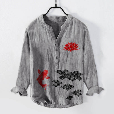 Buddha Stones Koi Fish Lotus Auspicious Clouds Half Buttons Men's Cotton Linen Long Sleeve Shirt - Gray - US/UK/AU50，EU60 (5XL) - image 0