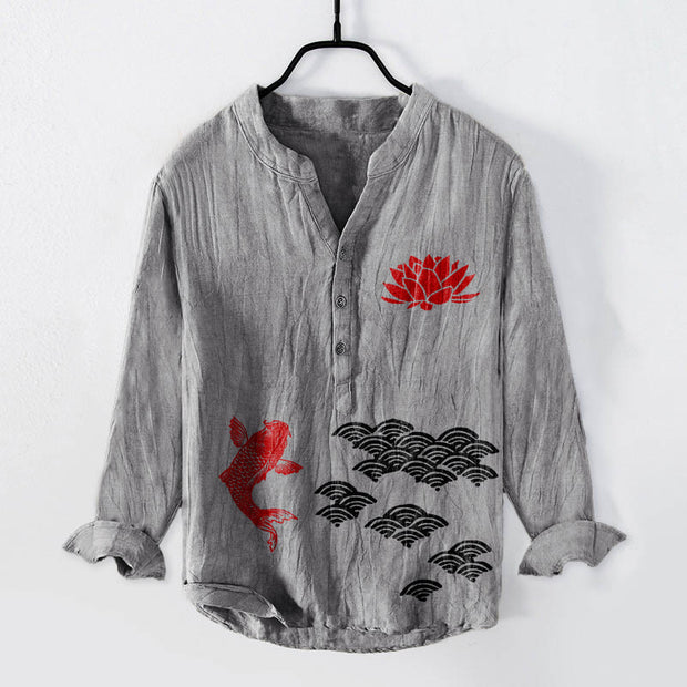 Buddha Stones Koi Fish Lotus Auspicious Clouds Half Buttons Men's Cotton Linen Long Sleeve Shirt - Gray - US/UK/AU50，EU60 (5XL) - image 0