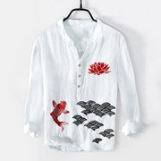 Buddha Stones Koi Fish Lotus Auspicious Clouds Half Buttons Men's Cotton Linen Long Sleeve Shirt - White - US/UK/AU50，EU60 (5XL) - image 3