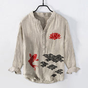 Buddha Stones Koi Fish Lotus Auspicious Clouds Half Buttons Men's Cotton Linen Long Sleeve Shirt - Linen - US/UK/AU50，EU60 (5XL) - image 6